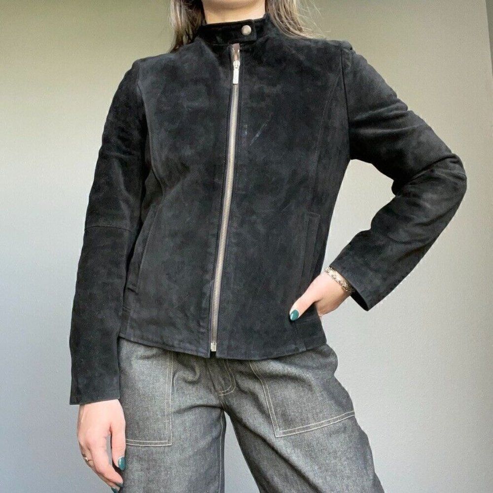 Vintage Iceberg Jeans Black Suede Leather Moto Biker Zip Jacket Sz 42